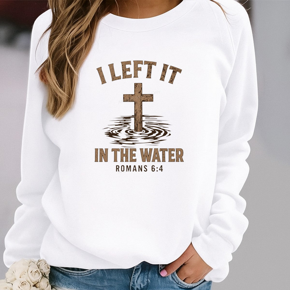 Christian Heat Transfer I Left It In The Water Romans 6:4 Cross Graphic for Baptism Shirts and Christian Apparel - 2