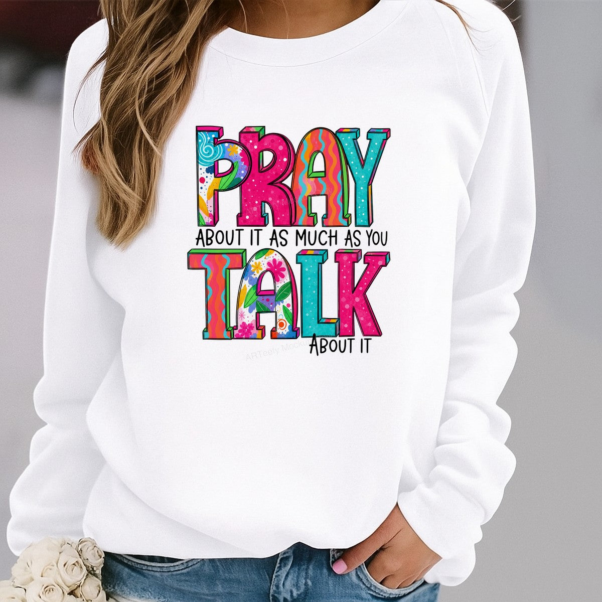 Christian Heat Transfer Pray About It As Much As You Talk About It Colorful Lettering Graphic for T Shirts Hoodies and Tote Bags - 2