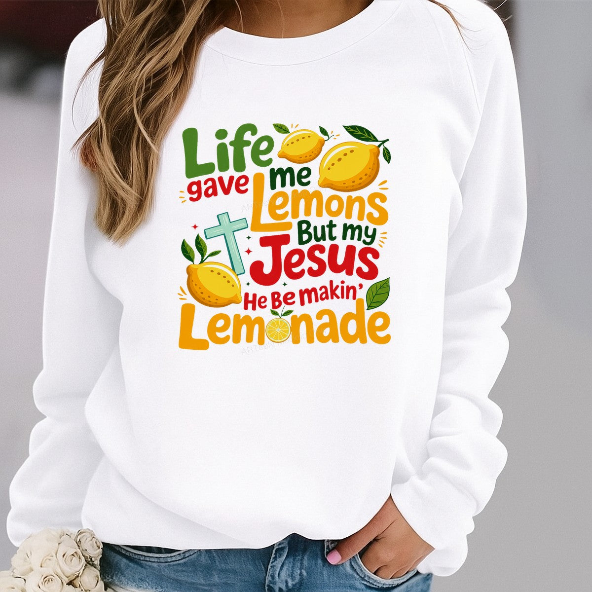 Christian Heat Transfer Life Gave Me Lemons But My Jesus Makes Lemonade Quote with Cross and Lemon Graphic for T Shirts Hoodies and Tote Bags - 2