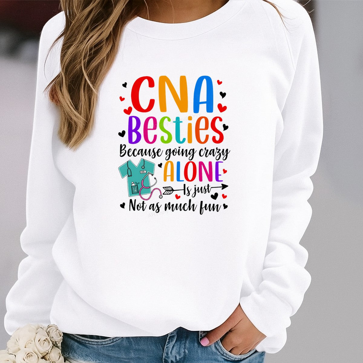 DTF Transfer CNA Besties Going Crazy Alone Quote with Scrubs and Stethoscope Graphic for T Shirts Hoodies and Nurse Gifts - 2