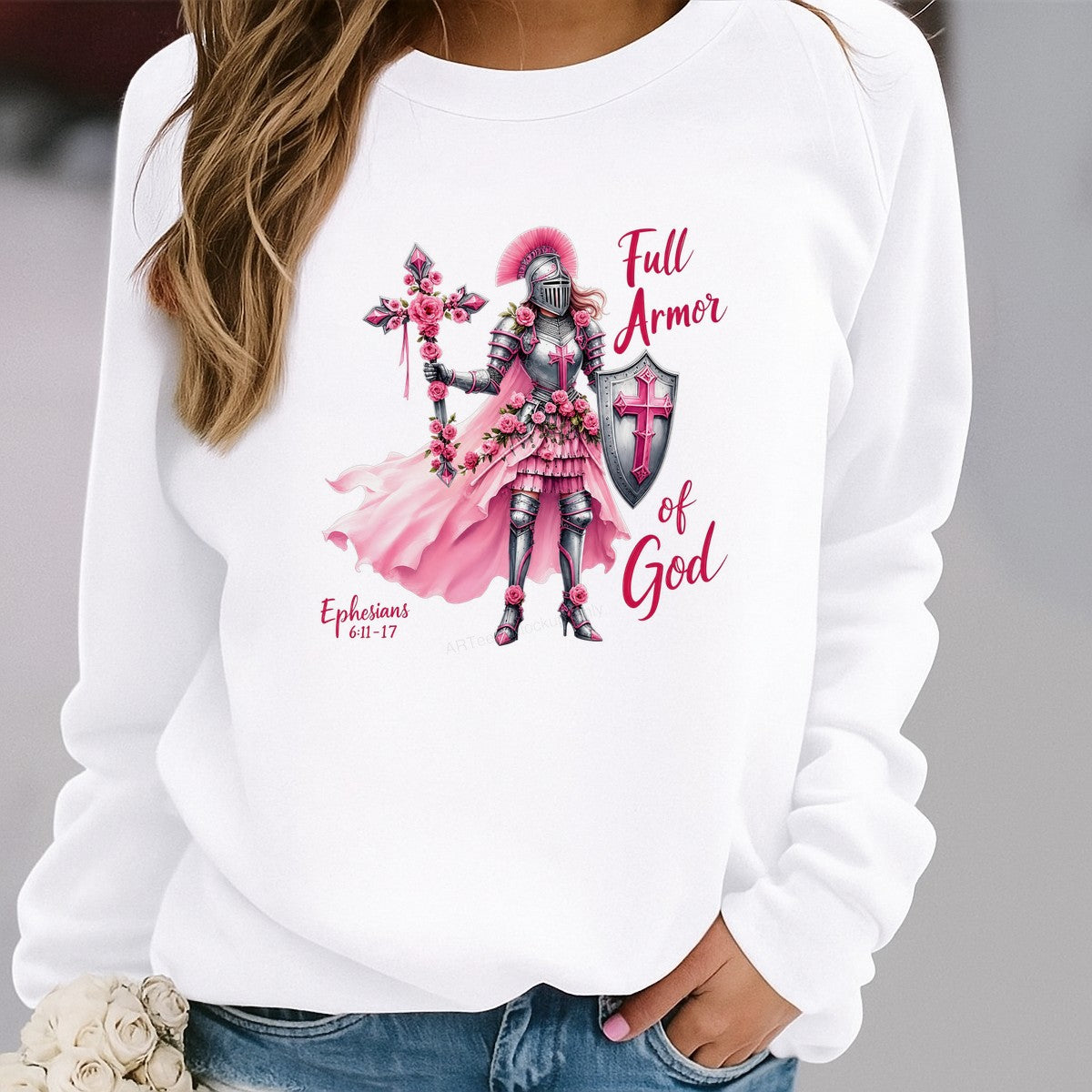 Christian Heat Transfer Full Armor of God Pink Warrior with Cross and Roses Graphic for T Shirts Hoodies and Christian Apparel - 2