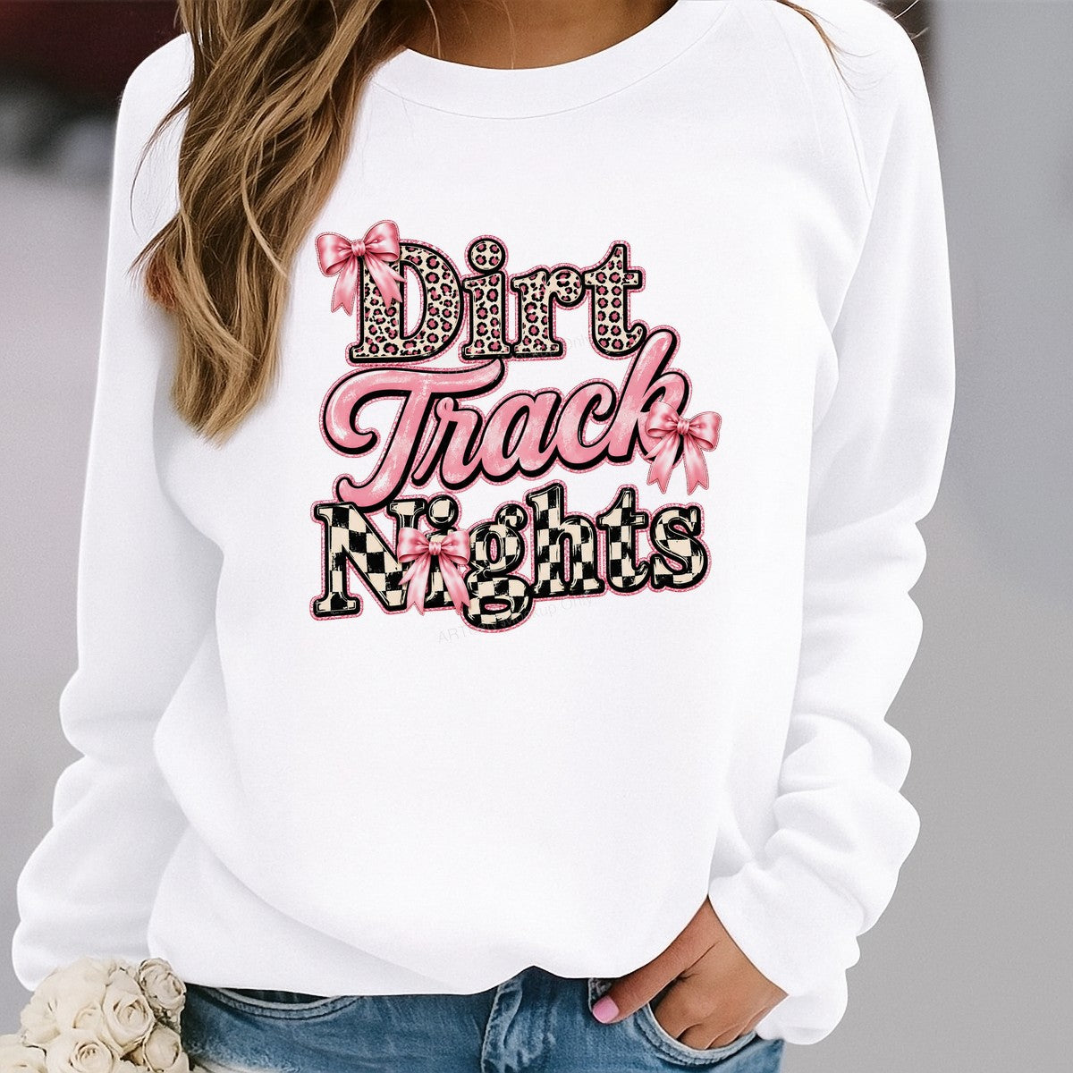 DTF Heat Transfer Dirt Track Nights Leopard and Checkered Bow Graphic for T Shirts Hoodies and Racing Apparel - 2
