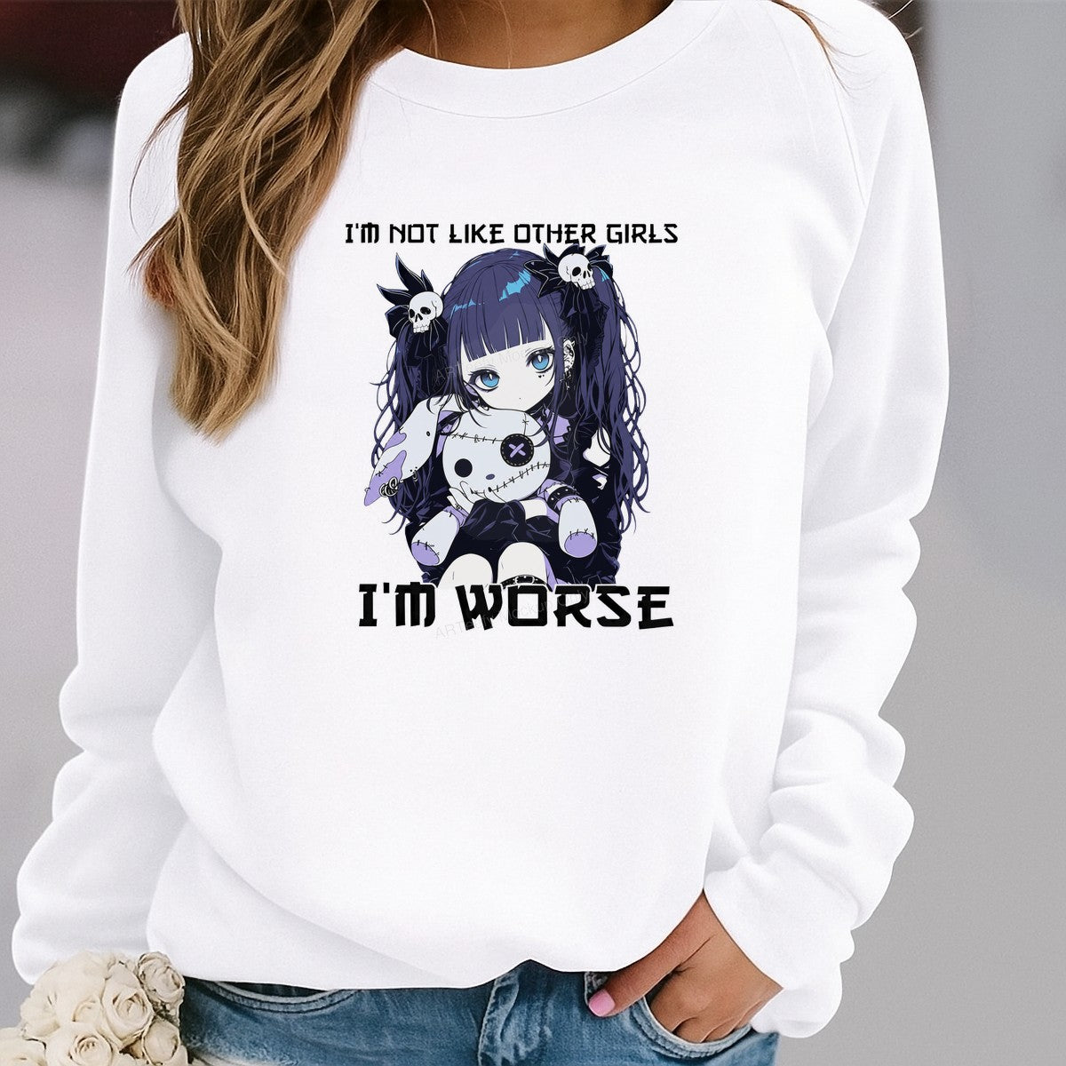 DTF Heat Transfer I’m Not Like Other I’m Worse Gothic Anime Girl with Skull Bows Graphic for T Shirts Hoodies and Tote Bags - 2