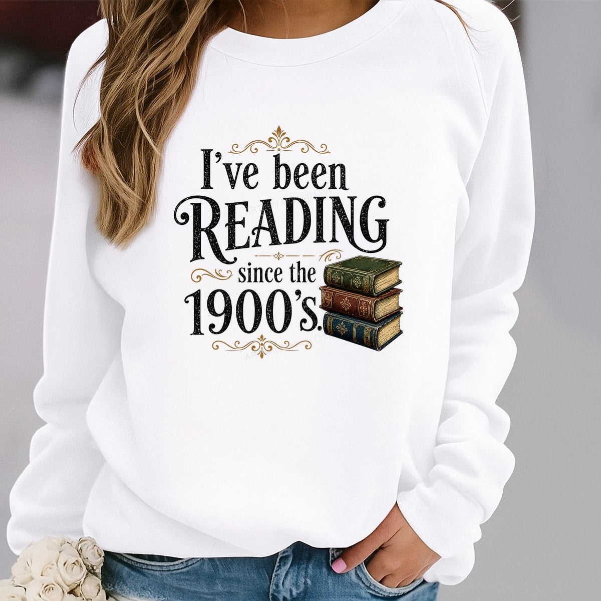 Funny Graphic Transfer I’ve Been Reading Since The 1900s Vintage Book Stack Design for T Shirts Hoodies and Tote Bags - 2