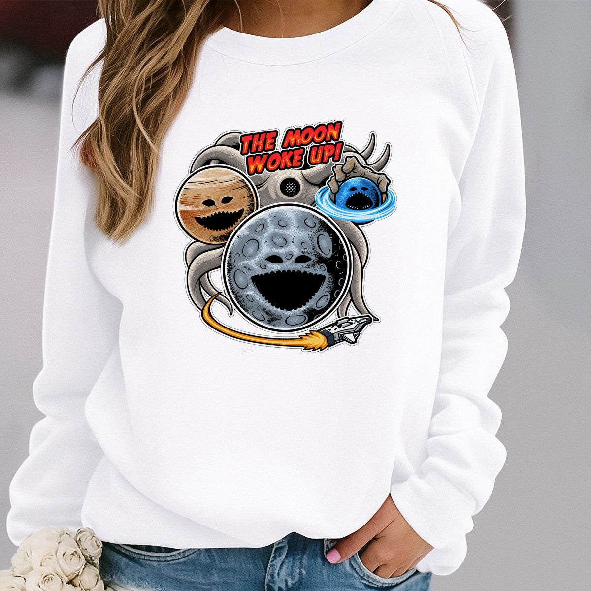 Funny Graphic Transfer The Moon Woke Up Cartoon Planets and Spaceship Design for T Shirts Hoodies and Tote Bags - 2