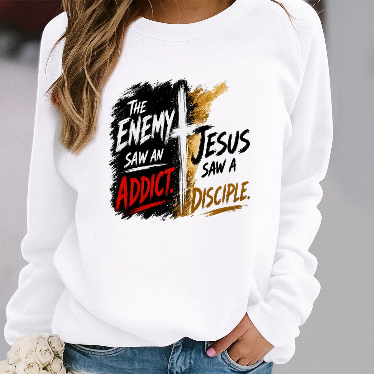 Christian Heat Transfer The Enemy Saw An Addict Jesus Saw A Disciple Cross Graphic for T Shirts Hoodies and Tote Bags - 2