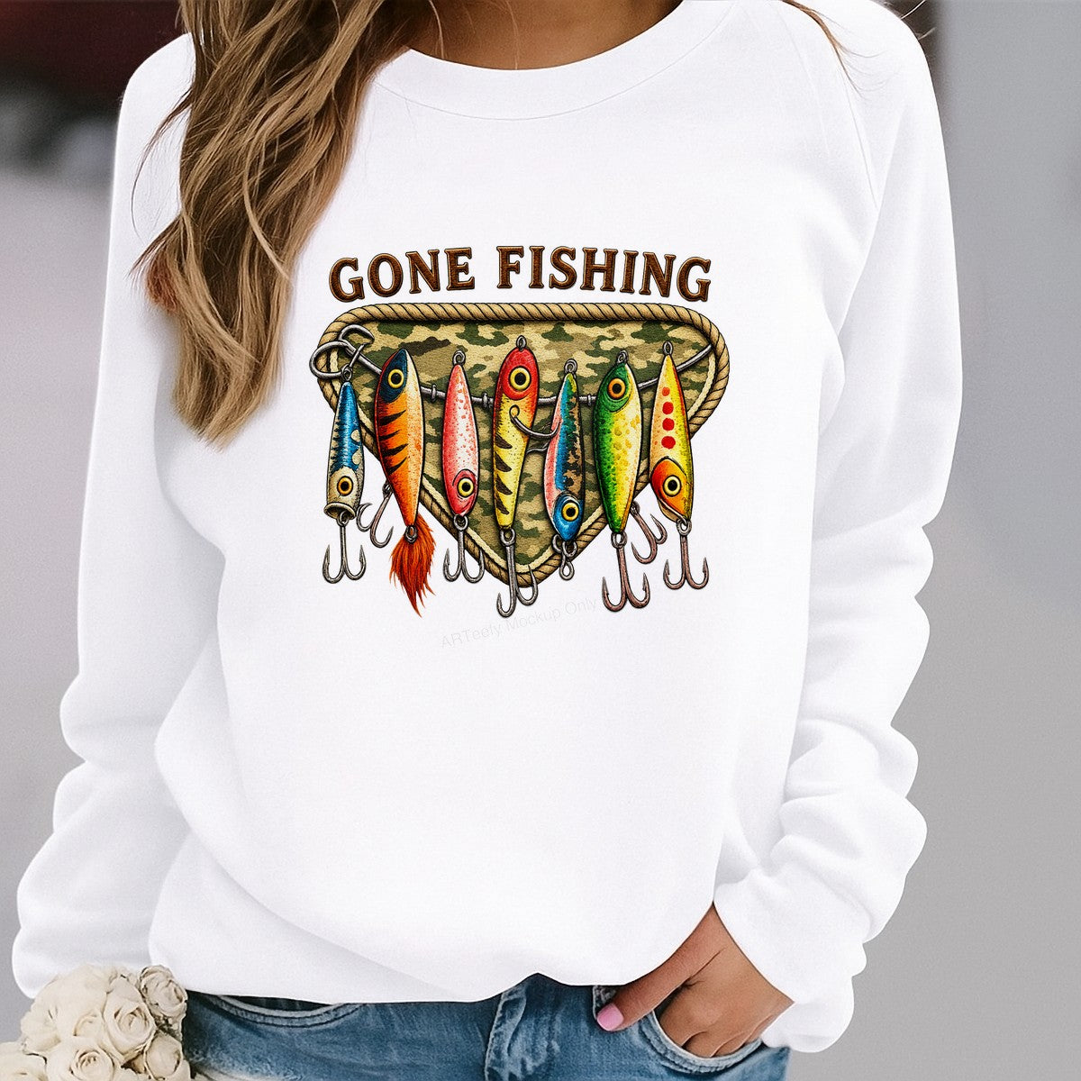 DTF Transfer Gone Fishing Lures Camouflage Triangle Graphic for T Shirts Hoodies and Fishing Gifts - 2