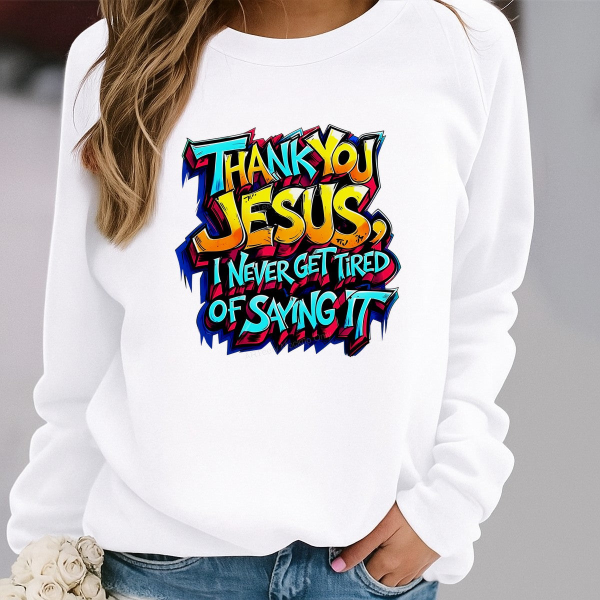 Christian Heat Transfer Thank You Jesus I Never Get Tired of Saying It Neon Graffiti Graphic for T Shirts Hoodies and Tote Bags - 2