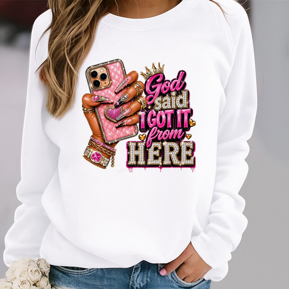 DTF Heat Transfer God Said I Got It From Here Bling Phone and Nail Art Graphic for T Shirts Hoodies and Tote Bags - 2