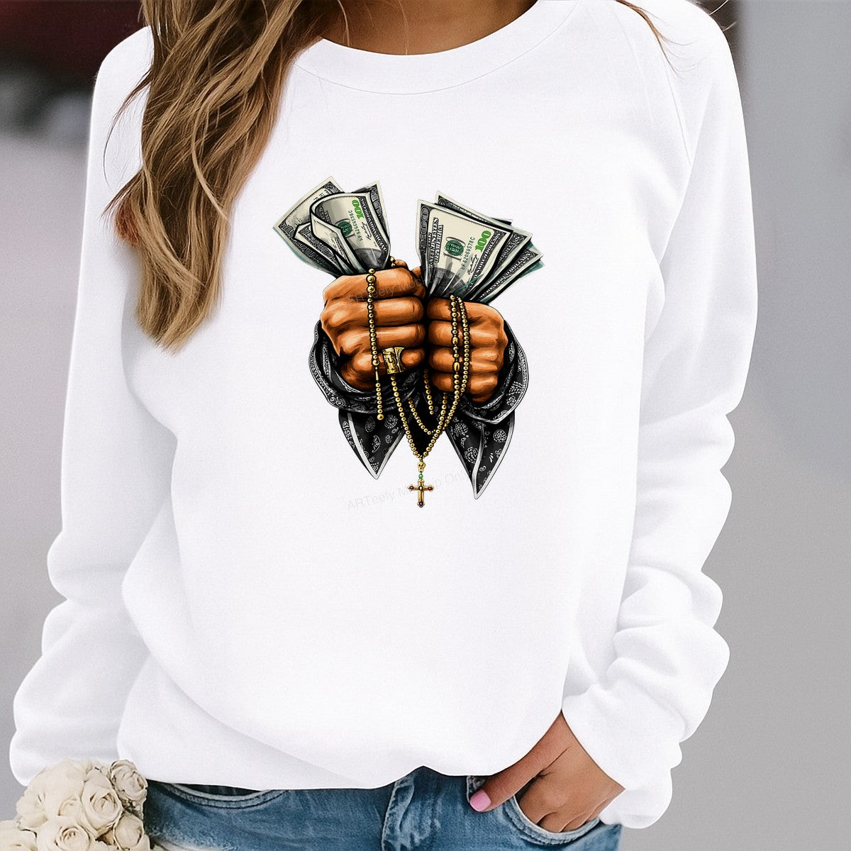 DTF Heat Transfer Praying Hands with Cash and Gold Cross Bandana Art Graphic for T Shirts Hoodies and Streetwear Apparel - 2