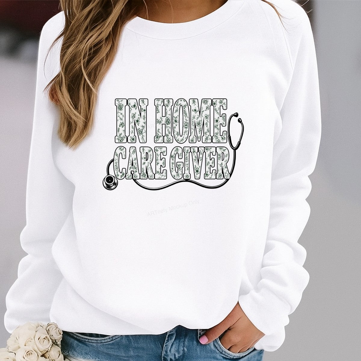 DTF Transfer In Home Caregiver Floral Lettering with Stethoscope Graphic for T Shirts Hoodies and Gifts - 2