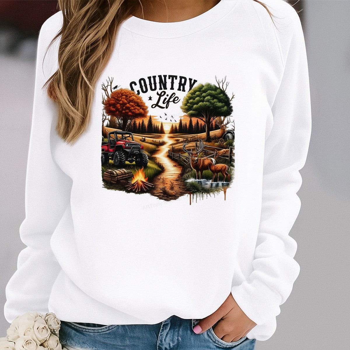 Western Heat Transfer Country Life Deer and ATV Sunset Landscape Graphic for T Shirts Hoodies and Tote Bags - 2