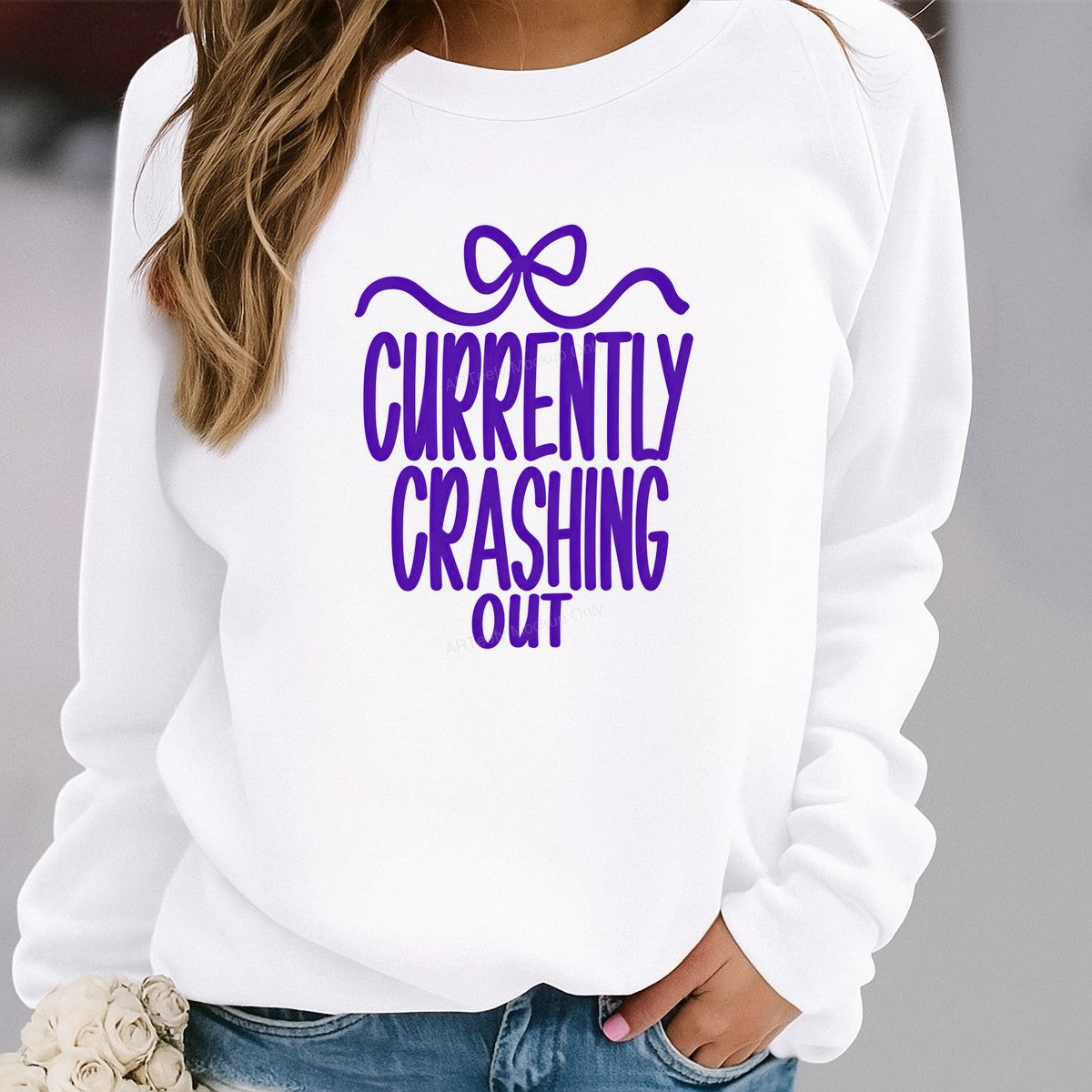 Funny Graphic Transfer “Currently Crashing Out” Bow Lettering Design for T Shirts Hoodies and Pajamas - 2