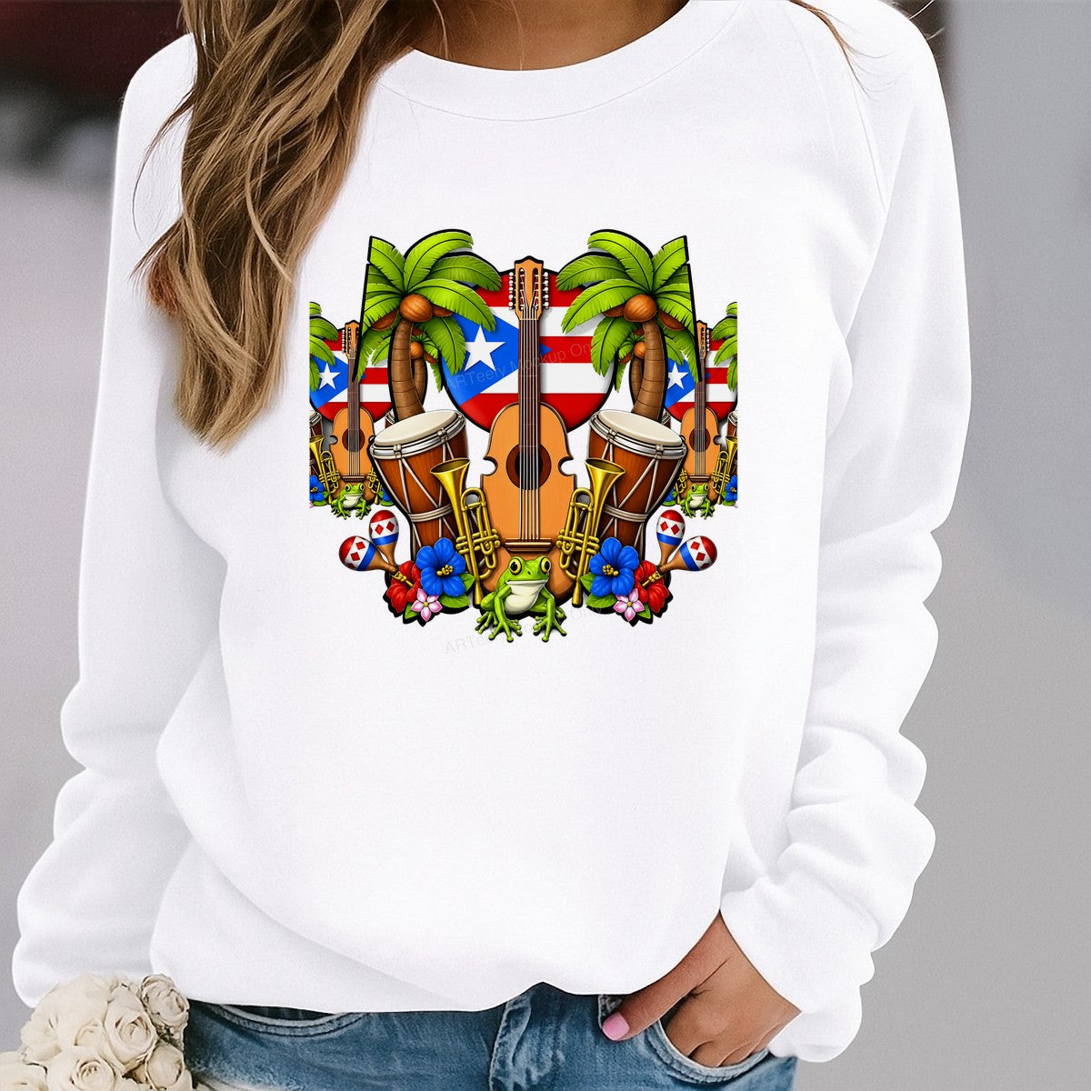 DTF Heat Transfer Puerto Rico Flag Guitar and Drum Tropical Frog Graphic for T Shirts Hoodies and Tote Bags - 2