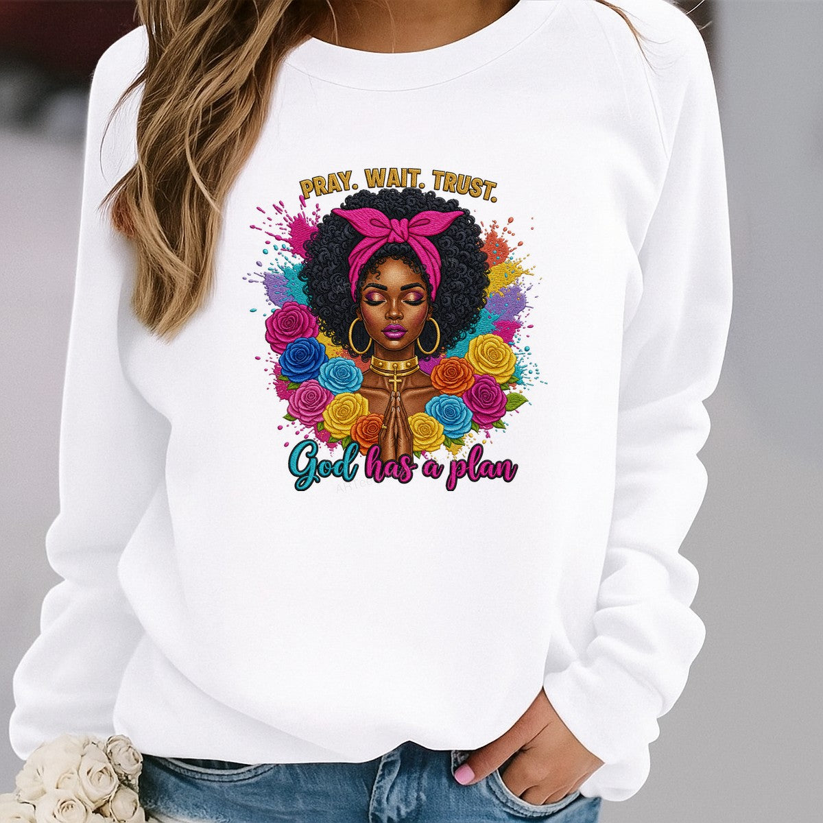 Christian Heat Transfer Pray Wait Trust God Has a Plan Afro Woman with Colorful Roses for T Shirts Hoodies and Tote Bags - 2
