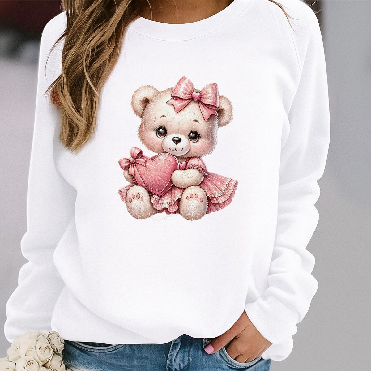DTF Heat Transfer Cute Valentine Teddy Bear in Pink Dress Holding Heart Graphic for T Shirts Hoodies and Tote Bags - 2