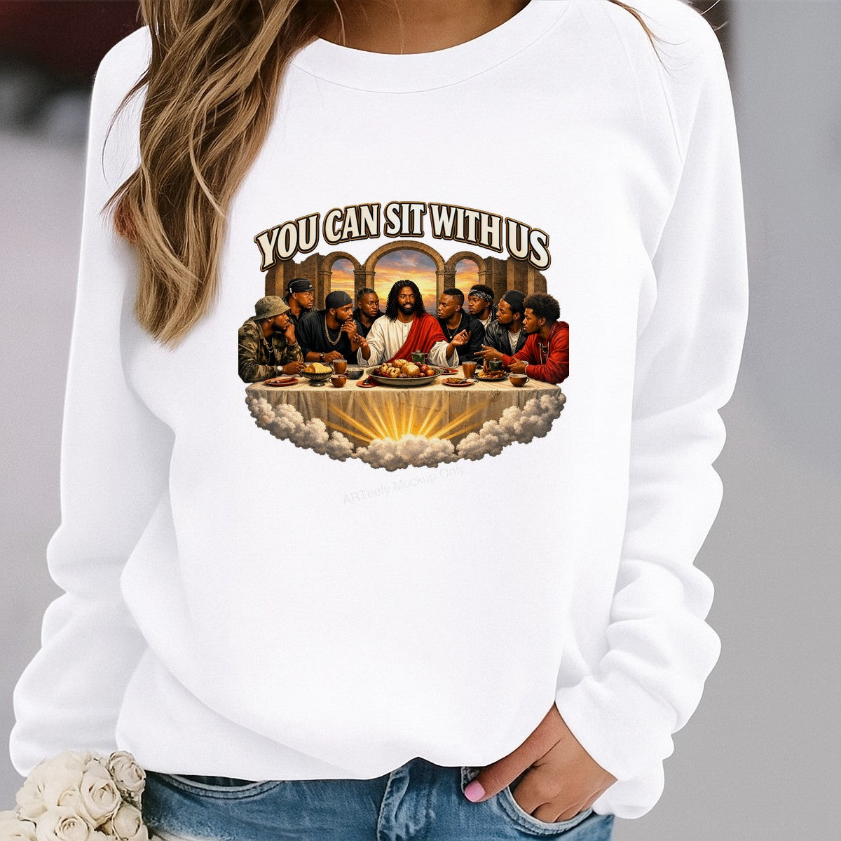 Christian Heat Transfer “You Can Sit With Us” Modern Last Supper Graphic for T Shirts Hoodies and Christian Apparel - 2