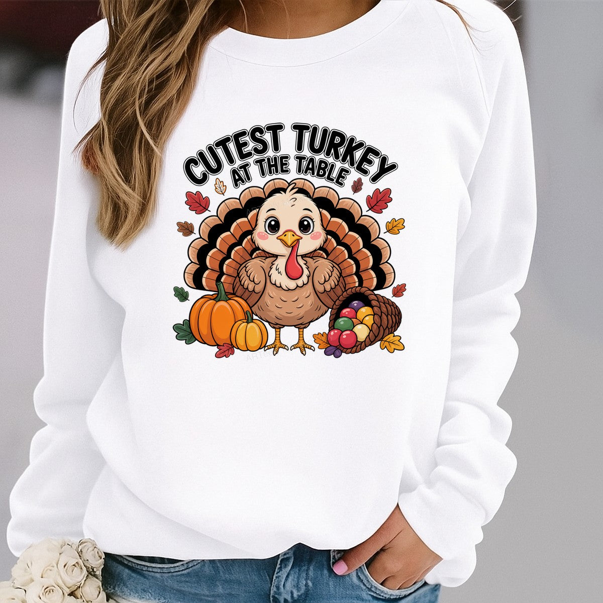 DTF Heat Transfer Cutest Turkey at the Table Cartoon Thanksgiving Graphic for T Shirts Hoodies and Family Holiday Shirts - 2