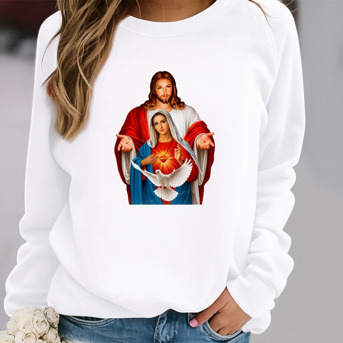 Christian Heat Transfer Sacred Hearts with White Dove Religious Artwork for T Shirts Hoodies and Tote Bags - 2