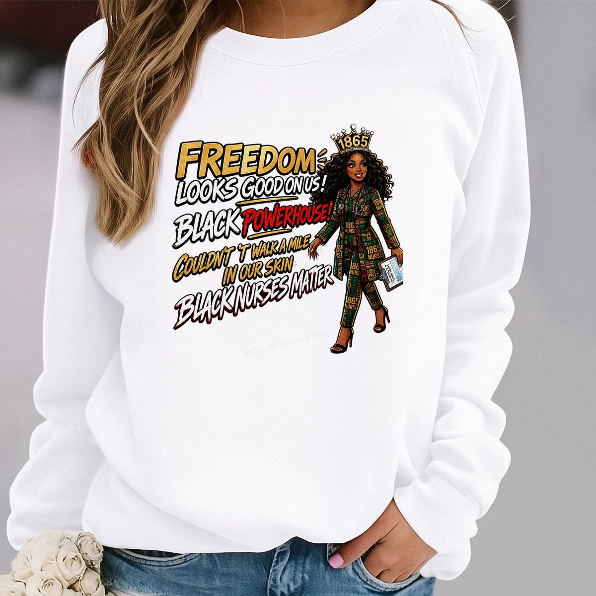 DTF Heat Transfer Freedom Looks Good On Us Black Nurse Powerhouse Graphic for T Shirts Hoodies and Tote Bags - 2