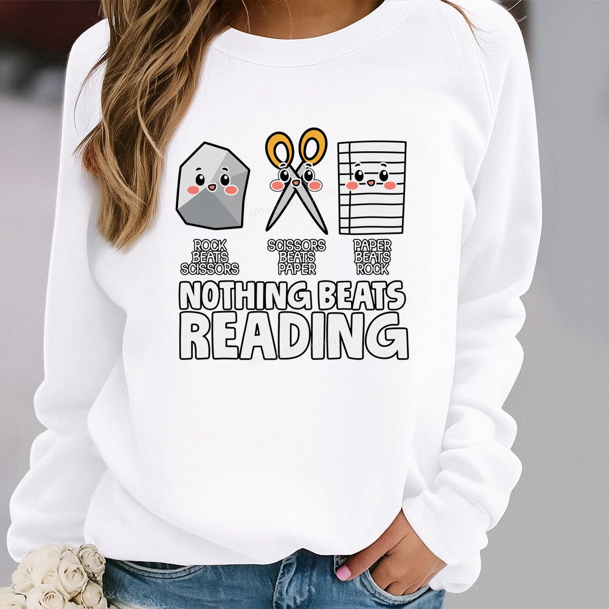 Funny Graphic Transfer Nothing Beats Reading Rock Paper Scissors Cartoon Design for Teacher Shirts and Book Lover Apparel - 2