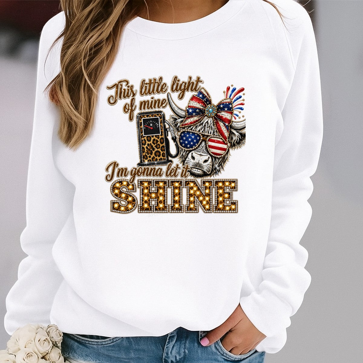 DTF Heat Transfer This Little Light of Mine Patriotic Cow and Leopard Gas Pump Glitter Graphic for T Shirts Hoodies and Holiday Shirts - 2
