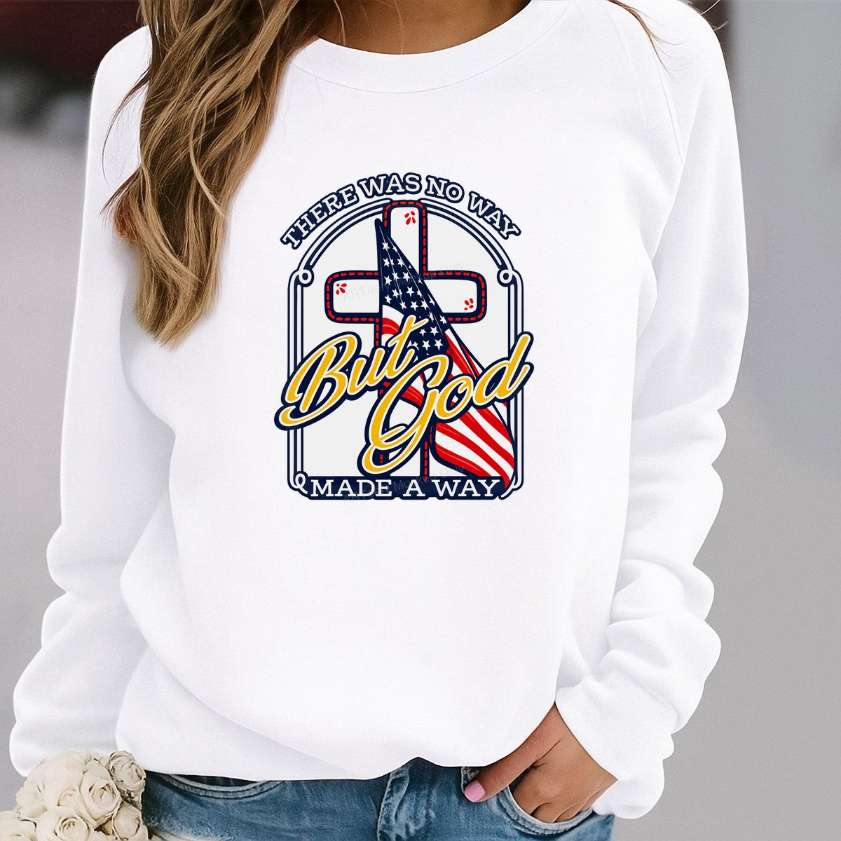 Christian Heat Transfer But God Made A Way Cross and American Flag Graphic for T Shirts Hoodies and Tote Bags - 2