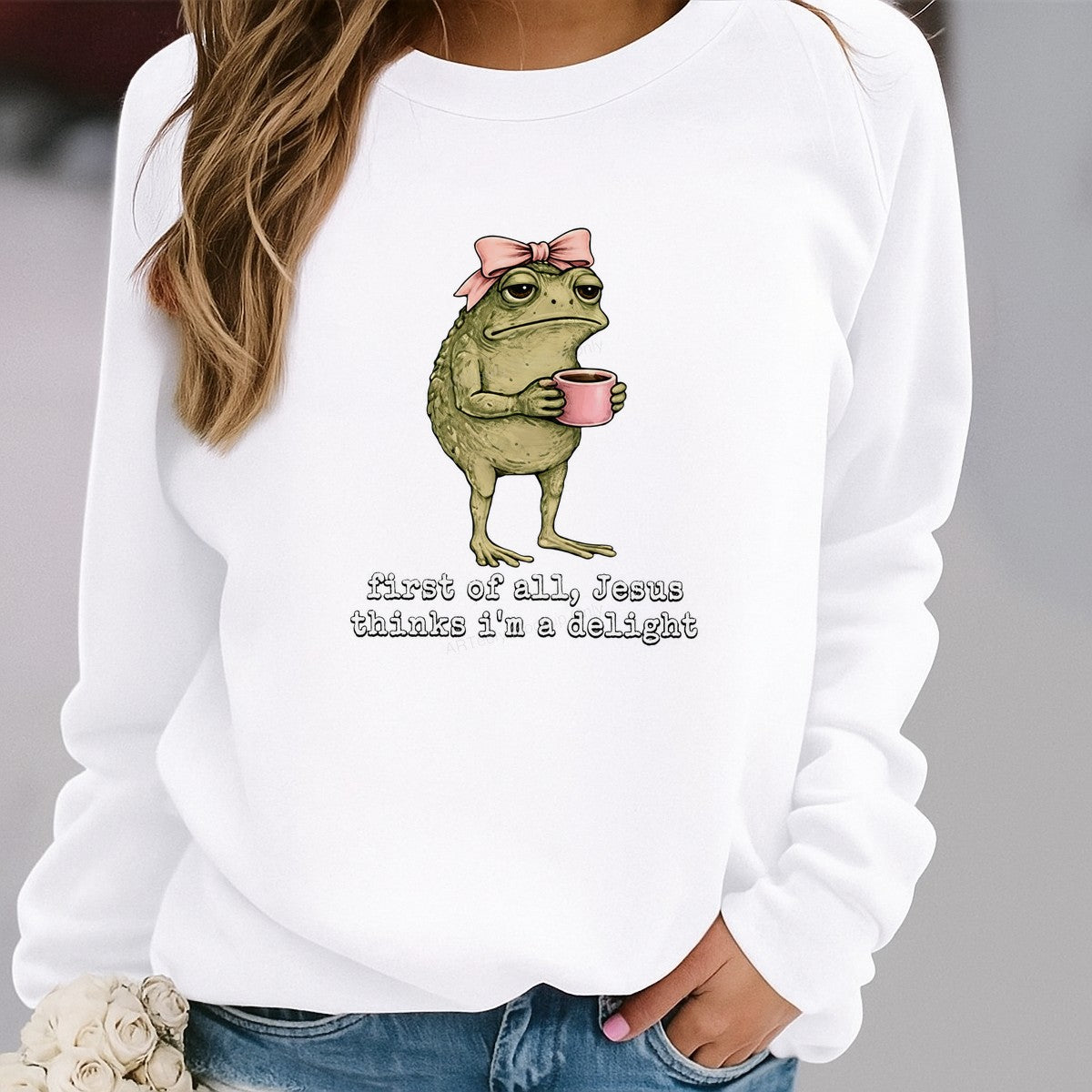 Funny Graphic Transfer Grumpy Frog with Coffee “First of All Jesus Thinks I’m a Delight” Cartoon Design for T Shirts Hoodies and Gifts - 2
