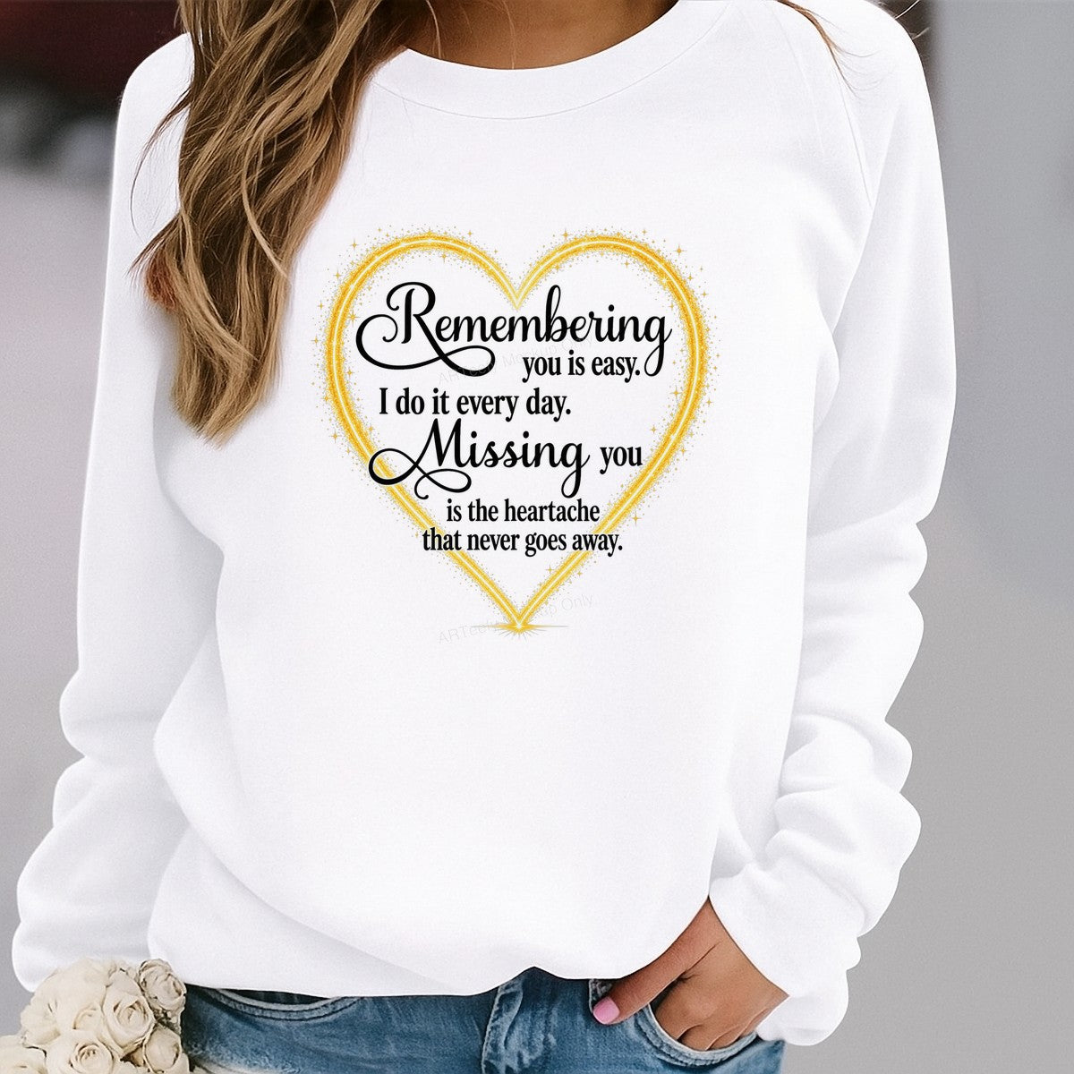 DTF Transfer Remembering You Memorial Quote Golden Sparkle Heart Graphic for T Shirts Hoodies and Memorial Apparel - 2