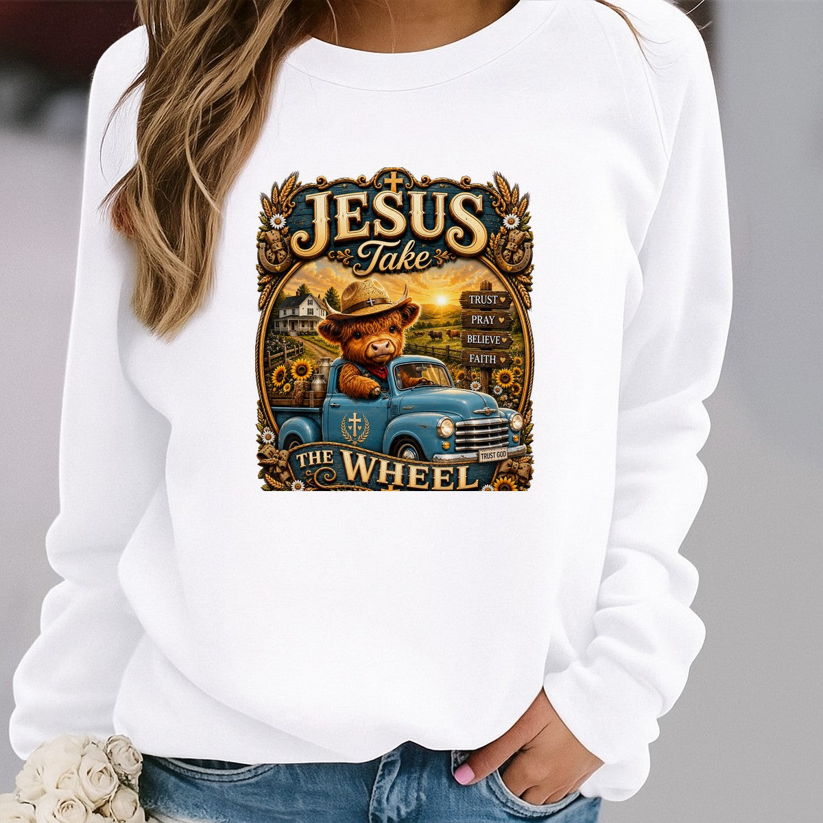 Christian Heat Transfer “Jesus Take The Wheel” Cowboy Highland Cow Truck Graphic for T Shirts Hoodies and Christian Apparel - 2