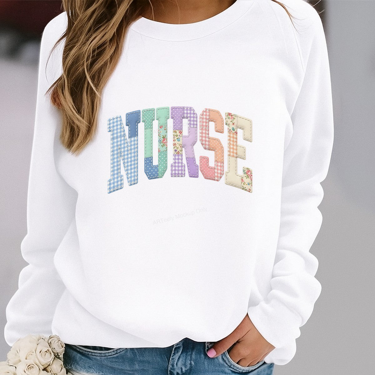 DTF Heat Transfer Patchwork NURSE Quilted Gingham Floral Letters Graphic for T Shirts Hoodies and Tote Bags - 2