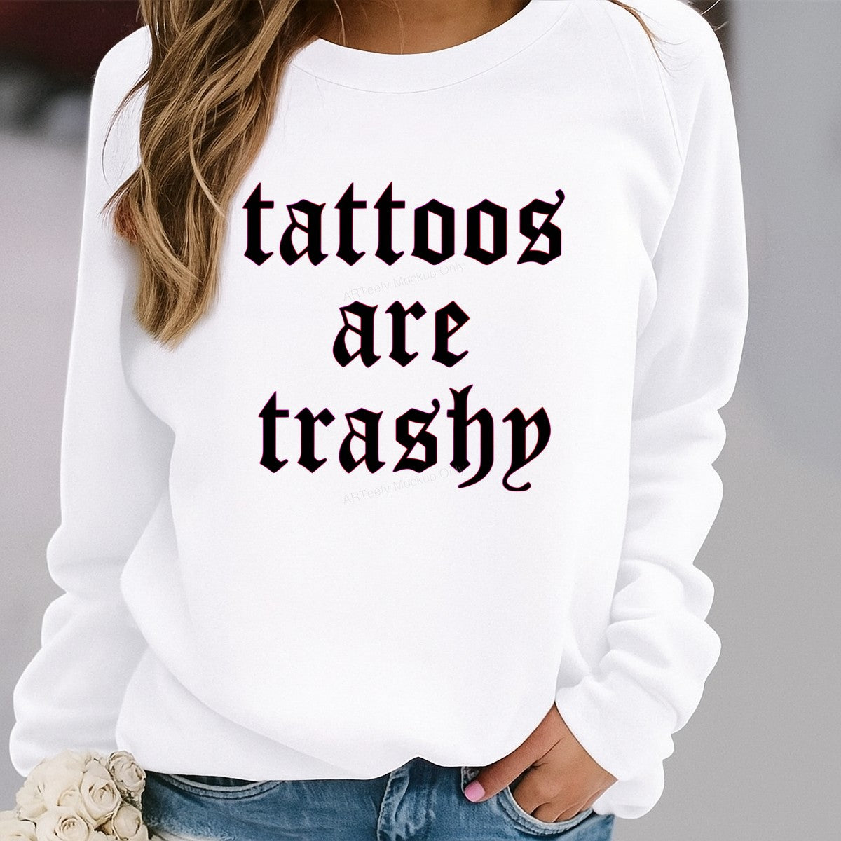 Funny Graphic Transfer “Tattoos Are Trashy” Gothic Neon Outline Text for T Shirts Hoodies and Casual Wear - 2