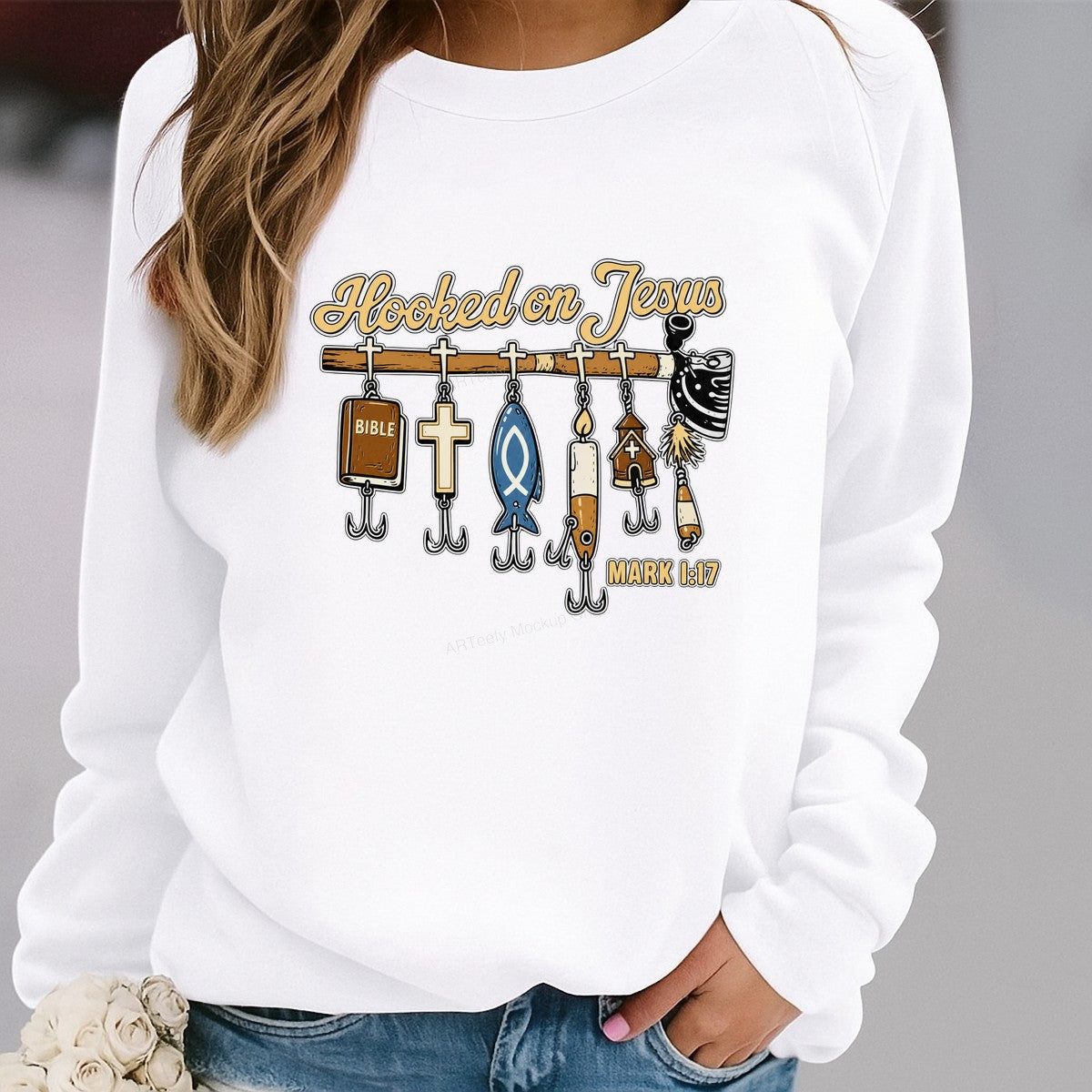 Christian Heat Transfer Hooked on Jesus Fishing Rod Bible Verse Graphic for T Shirts Hoodies and Christian Apparel - 2
