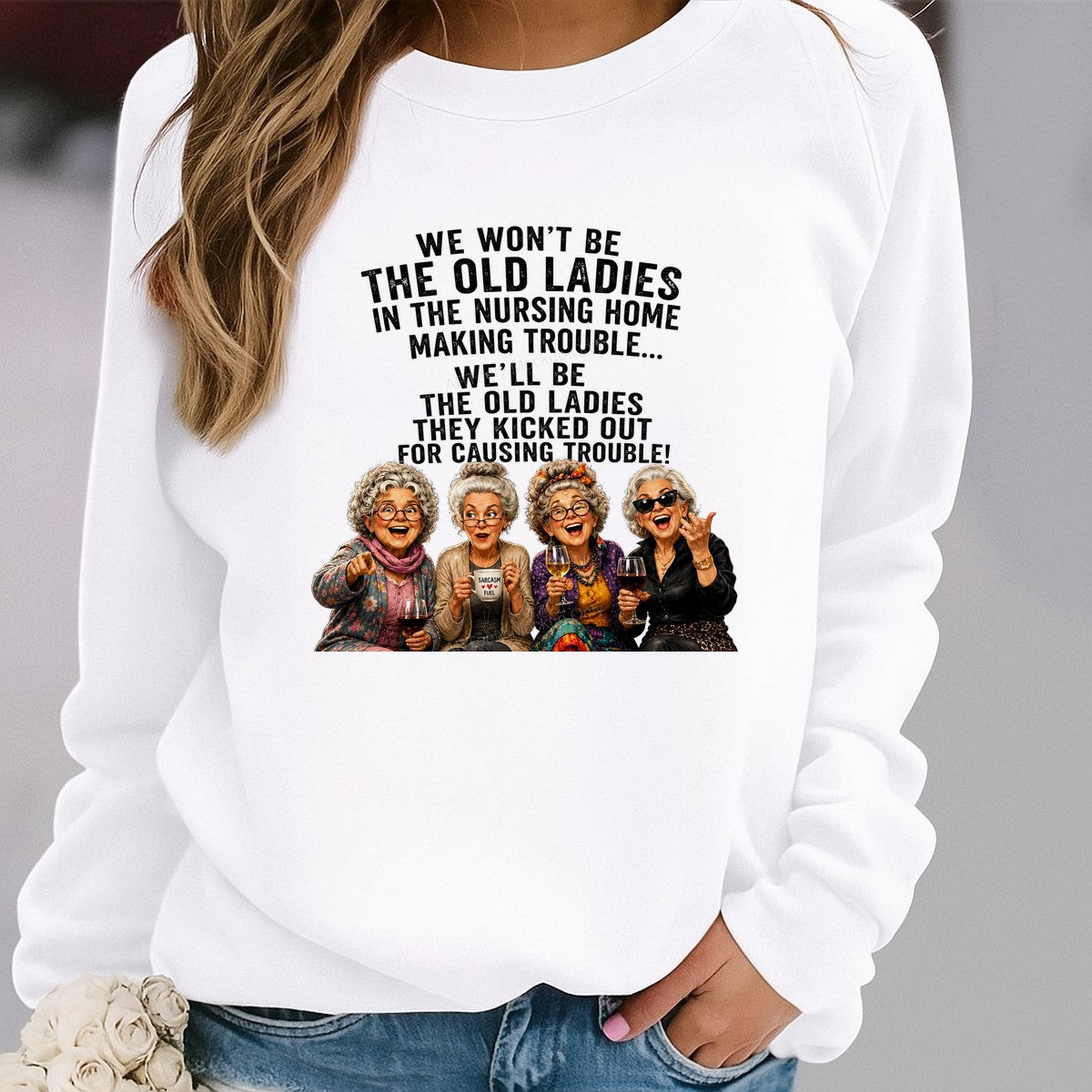 Funny Graphic Transfer Old Ladies Causing Trouble Wine Quote Retro Friends Design for T Shirts Hoodies and Gifts - 2