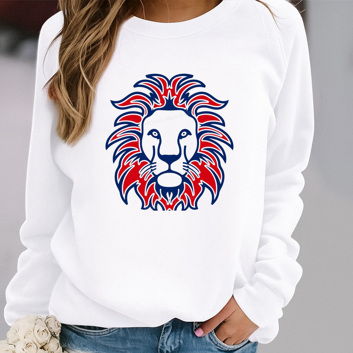 DTF Heat Transfer Bold Red and Blue Lion Head Graphic for T Shirts Hoodies and Tote Bags - 2