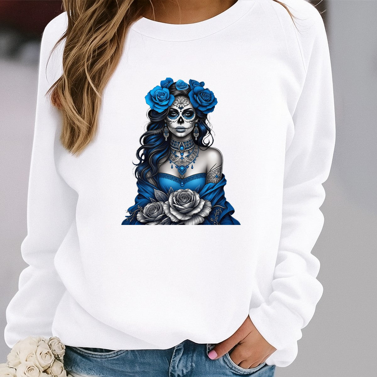 DTF Heat Transfer Gothic Blue Rose Bride Tattooed Woman Art Graphic for T Shirts Hoodies and Tote Bags - 2