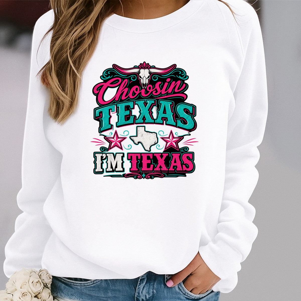 Western Heat Transfer Chosin Texas I’m Texas Longhorn Skull Neon Graphic for T Shirts Hoodies and Tote Bags - 2