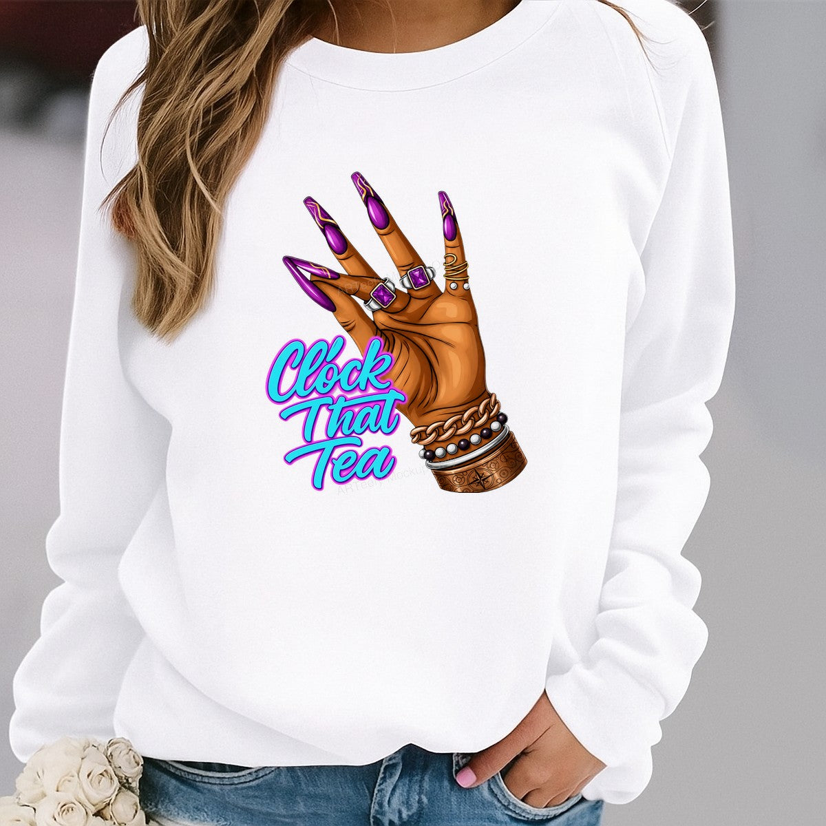 Funny Graphic Transfer “Clock That Tea” Hand with Long Purple Nails Design for T Shirts Hoodies and Tote Bags - 2