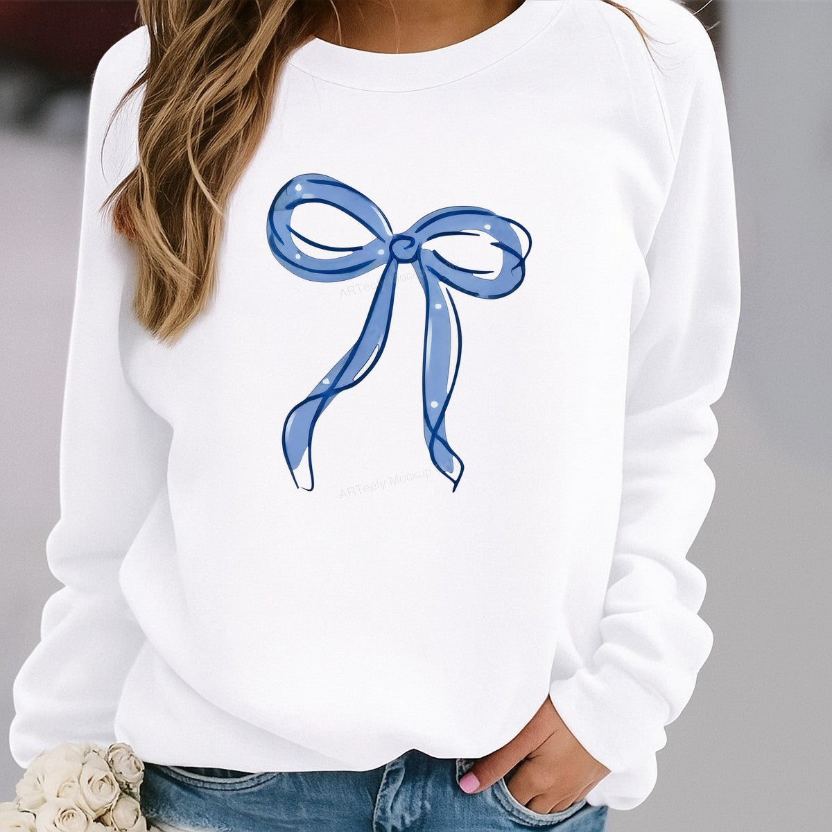 DTF Heat Transfer Pastel Blue Ribbon Bow Watercolor Graphic for T Shirts Hoodies and Tote Bags - 2