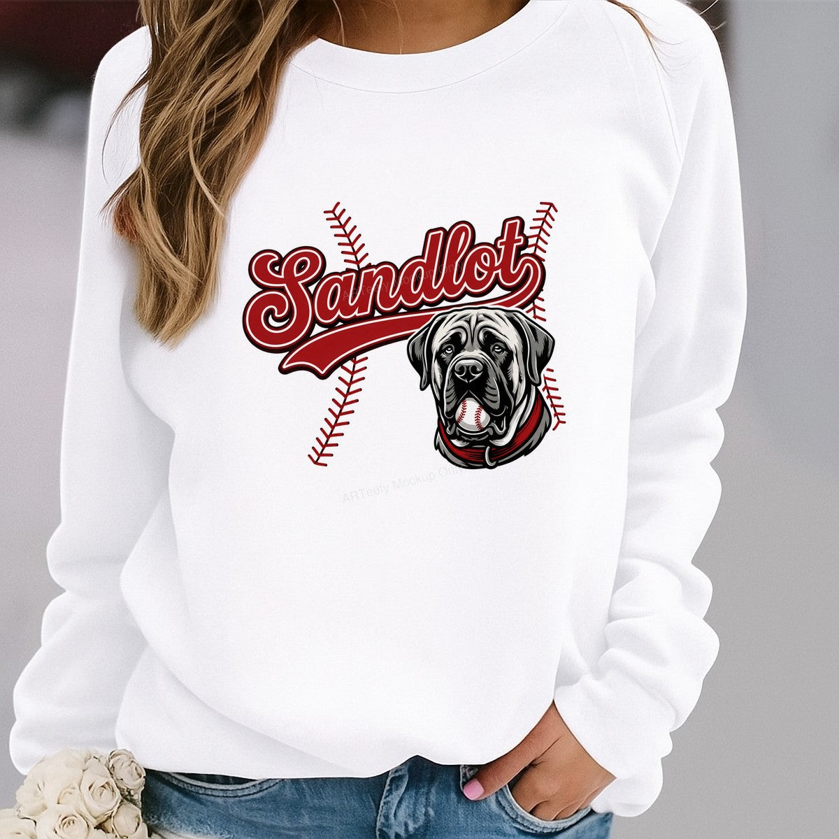 DTF Heat Transfer Sandlot Baseball Dog Graphic with Red Script Logo for T Shirts Hoodies and Team Apparel - 2