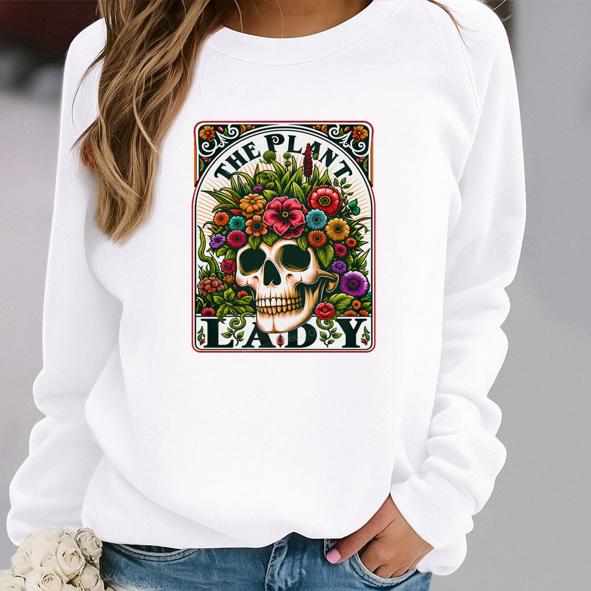DTF Transfer The Plant Lady Skull with Colorful Floral Hair Graphic for T Shirts Hoodies and Tote Bags - 2