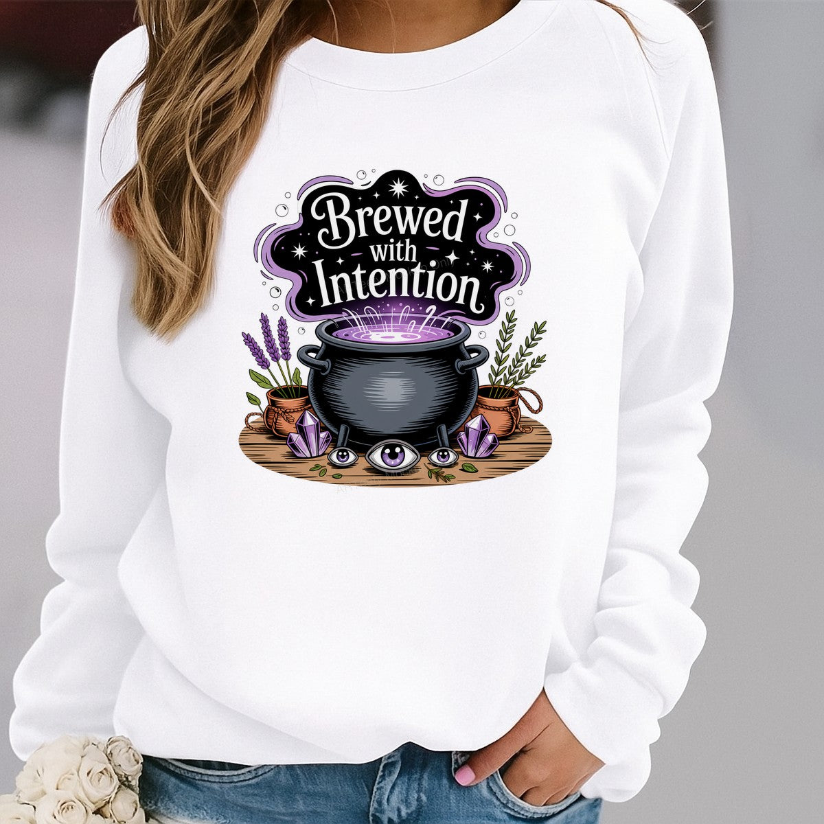 DTF Heat Transfer Brewed With Intention Witchy Cauldron and Crystals Graphic for T Shirts Hoodies and Tote Bags - 2