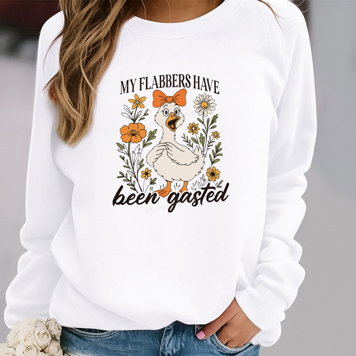 Funny Graphic Transfer “My Flabbers Have Been Gasted” Goose with Flowers Retro Cartoon Design for T Shirts Hoodies and Tote Bags - 2