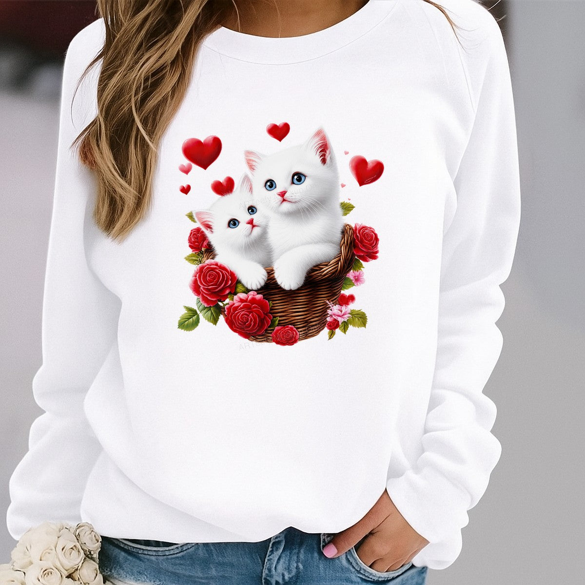 DTF Heat Transfer White Kittens in Basket with Red Roses and Hearts Graphic for T Shirts Hoodies and Gifts - 2