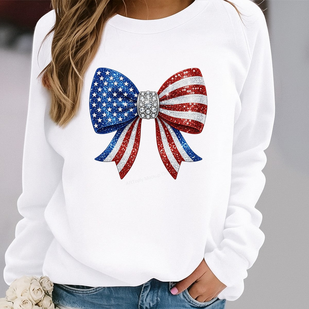 DTF Heat Transfer Patriotic Glitter American Flag Bow with Rhinestones Graphic for T Shirts Hoodies and Tote Bags - 2