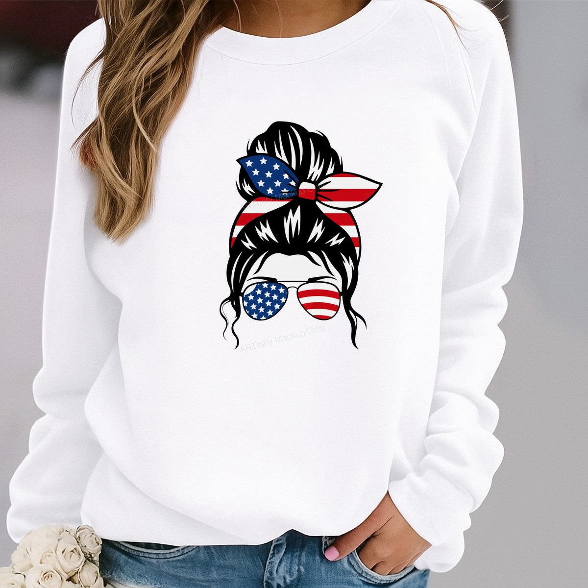 DTF Heat Transfer Patriotic Messy Bun American Flag Bandana and Sunglasses Graphic for T Shirts Hoodies and Tote Bags - 2