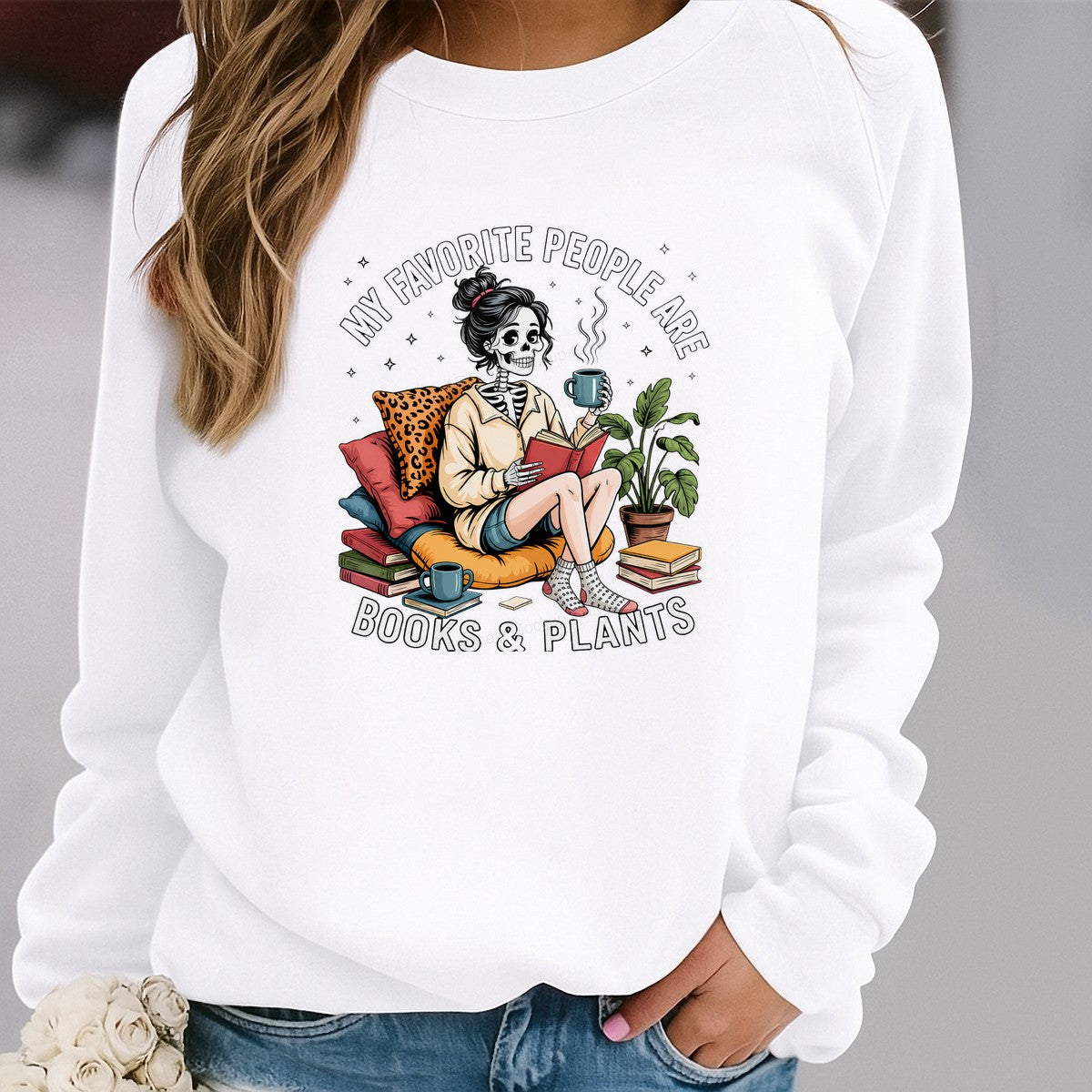 Funny Graphic Transfer My Favorite People Are Books & Plants Skeleton Girl Reading Art for T Shirts Hoodies and Tote Bags - 2