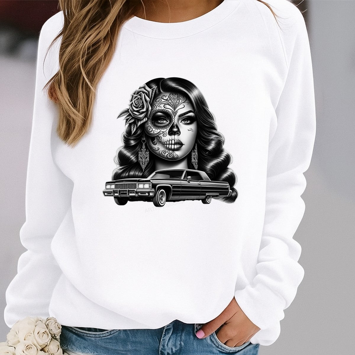 DTF Heat Transfer Lowrider Car with Latina Pinup Rose Art Black and White Graphic for T Shirts Hoodies and Streetwear Apparel - 2