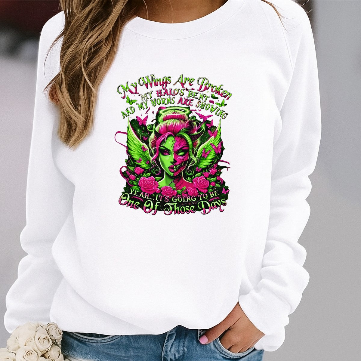 DTF Transfer My Wings Are Broken Quote Neon Angel Horns and Halo Graphic for T Shirts Hoodies and Casual Wear - 2
