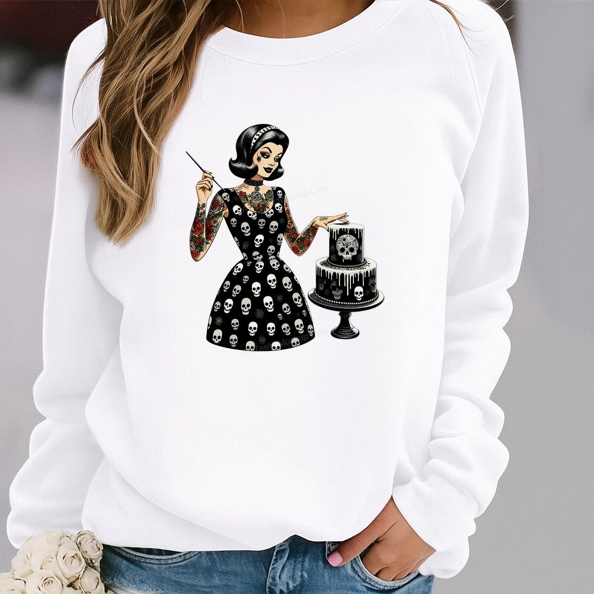 DTF Heat Transfer Retro Tattooed Baker with Skull Dress and Cake Graphic for T Shirts Hoodies and Aprons - 2